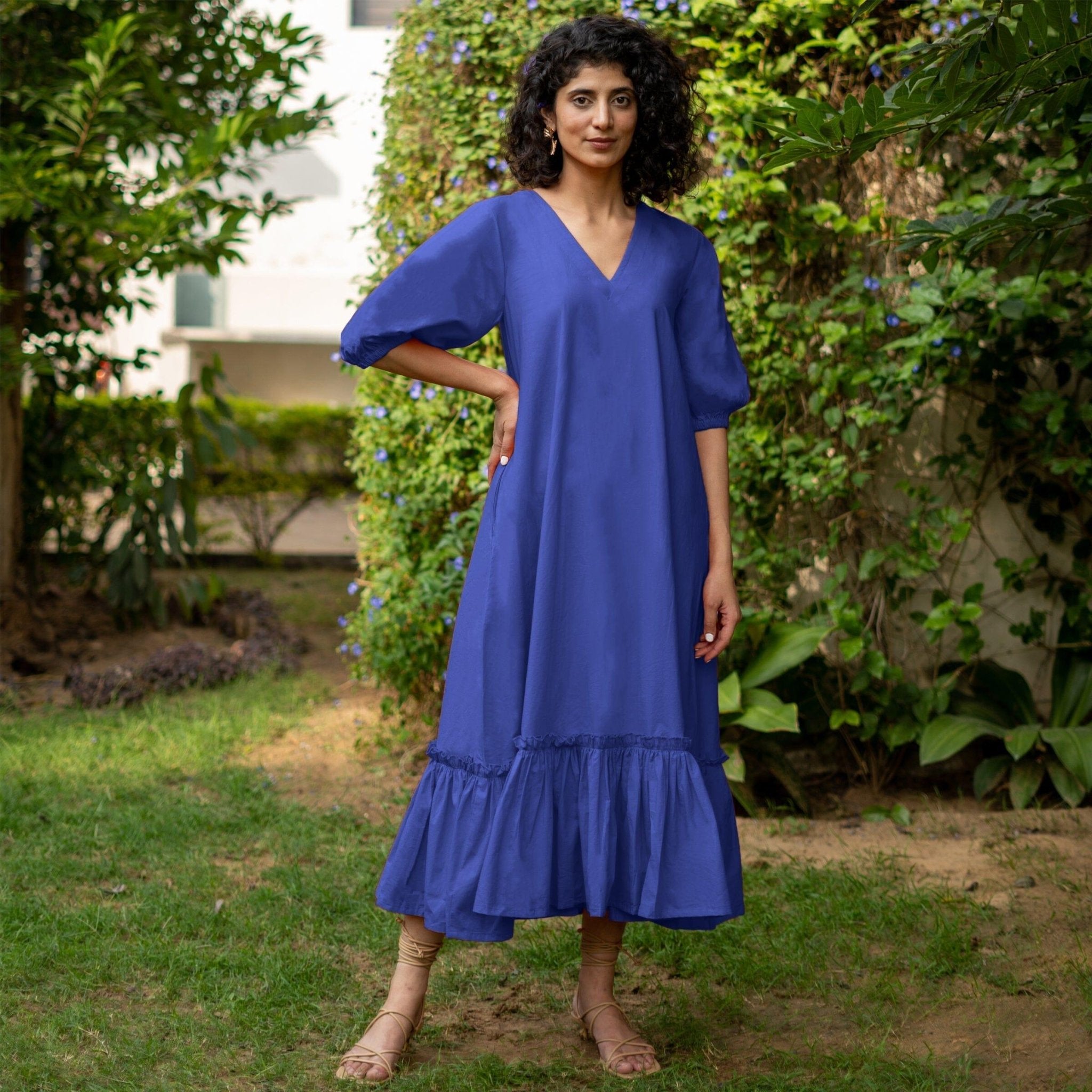 Buy Royal Blue Cotton Poplin A-Line Deep Neck Maxi Tier Dress Online at
