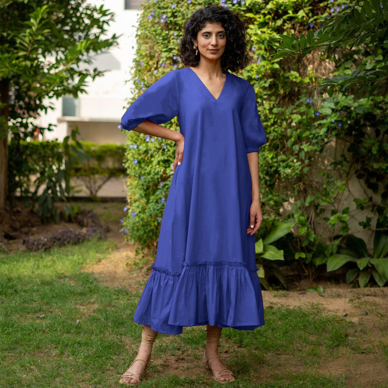 Royal Blue Cotton Poplin A-Line Deep Neck Maxi Tier Dress