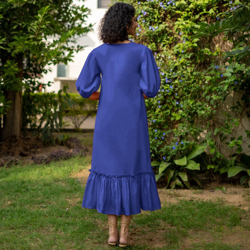 Royal Blue Cotton Poplin A-Line Deep Neck Maxi Tier Dress