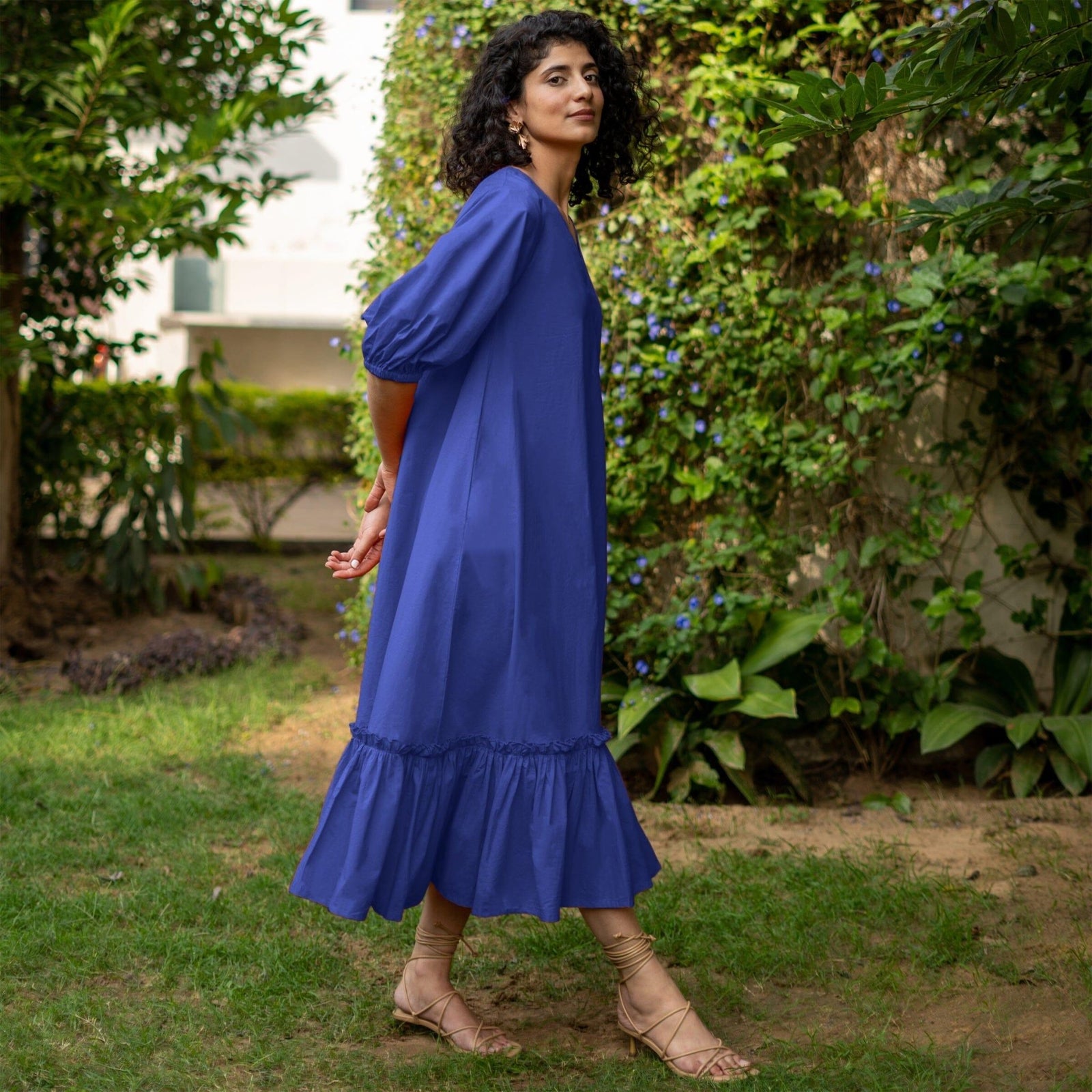 Royal Blue Cotton Poplin A-Line Deep Neck Maxi Tier Dress 44" / Custom Height (Free) Royal Blue Cotton Poplin A-Line Deep Neck Maxi Tier Dress 44" / Custom Height (Free)