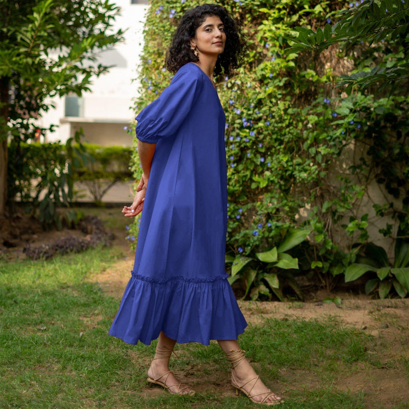 Royal Blue Cotton Poplin A-Line Deep Neck Maxi Tier Dress