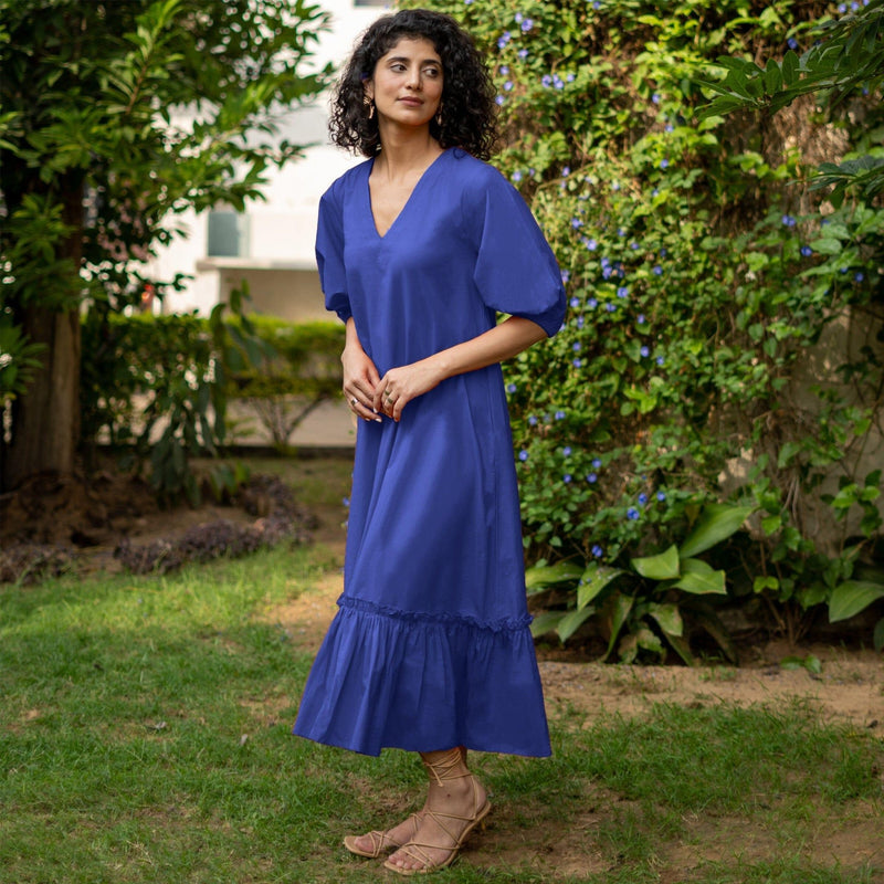 Royal Blue Cotton Poplin A-Line Deep Neck Maxi Tier Dress