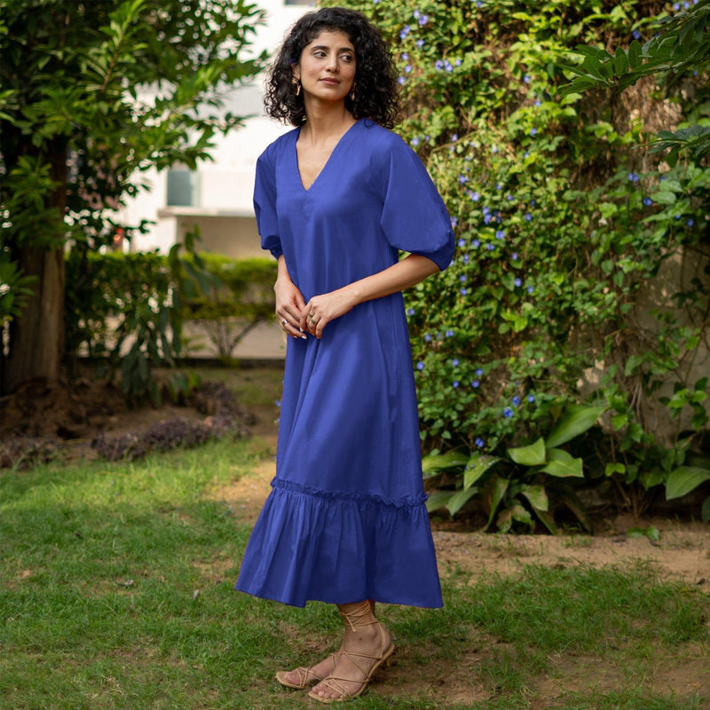 Buy Royal Blue Cotton Poplin A-Line Deep Neck Maxi Tier Dress Online at SeamsFriendly Buy Royal Blue Cotton Poplin A-Line Deep Neck Maxi Tier Dress Online at SeamsFriendly