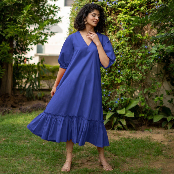 Royal Blue Cotton Poplin A-Line Deep Neck Maxi Tier Dress