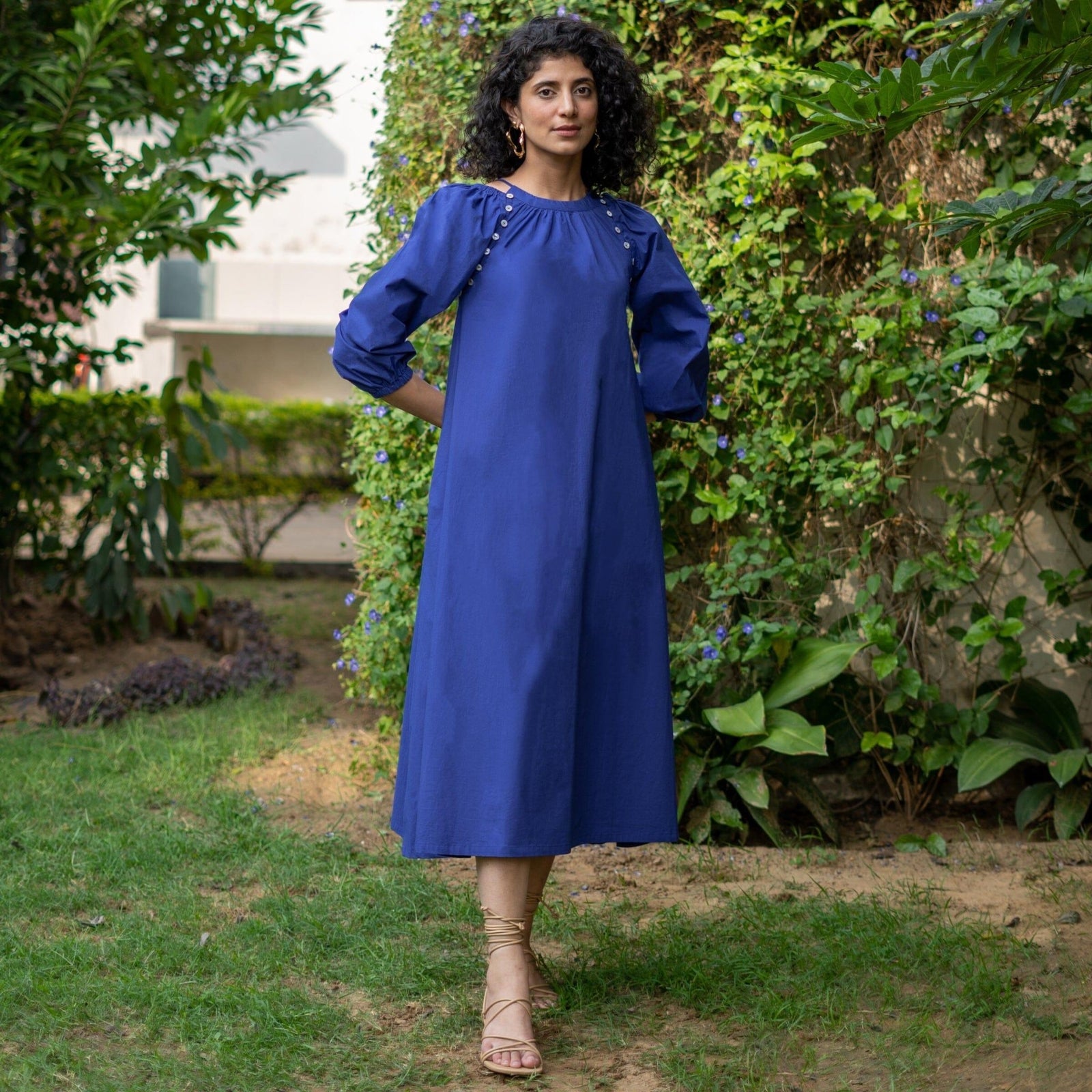 Royal Blue Cotton Poplin A-Line Detachable Sleeve Flared Midi Dress 50
