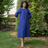 Royal Blue Cotton Poplin A-Line Detachable Sleeve Flared Midi Dress