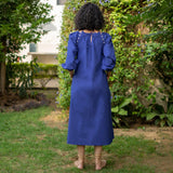 Royal Blue Cotton Poplin A-Line Detachable Sleeve Flared Midi Dress