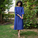 Royal Blue Cotton Poplin A-Line Detachable Sleeve Flared Midi Dress