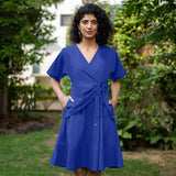 Royal Blue Cotton Poplin Drop Shoulder Sleeves Knee Length Wrap Dress