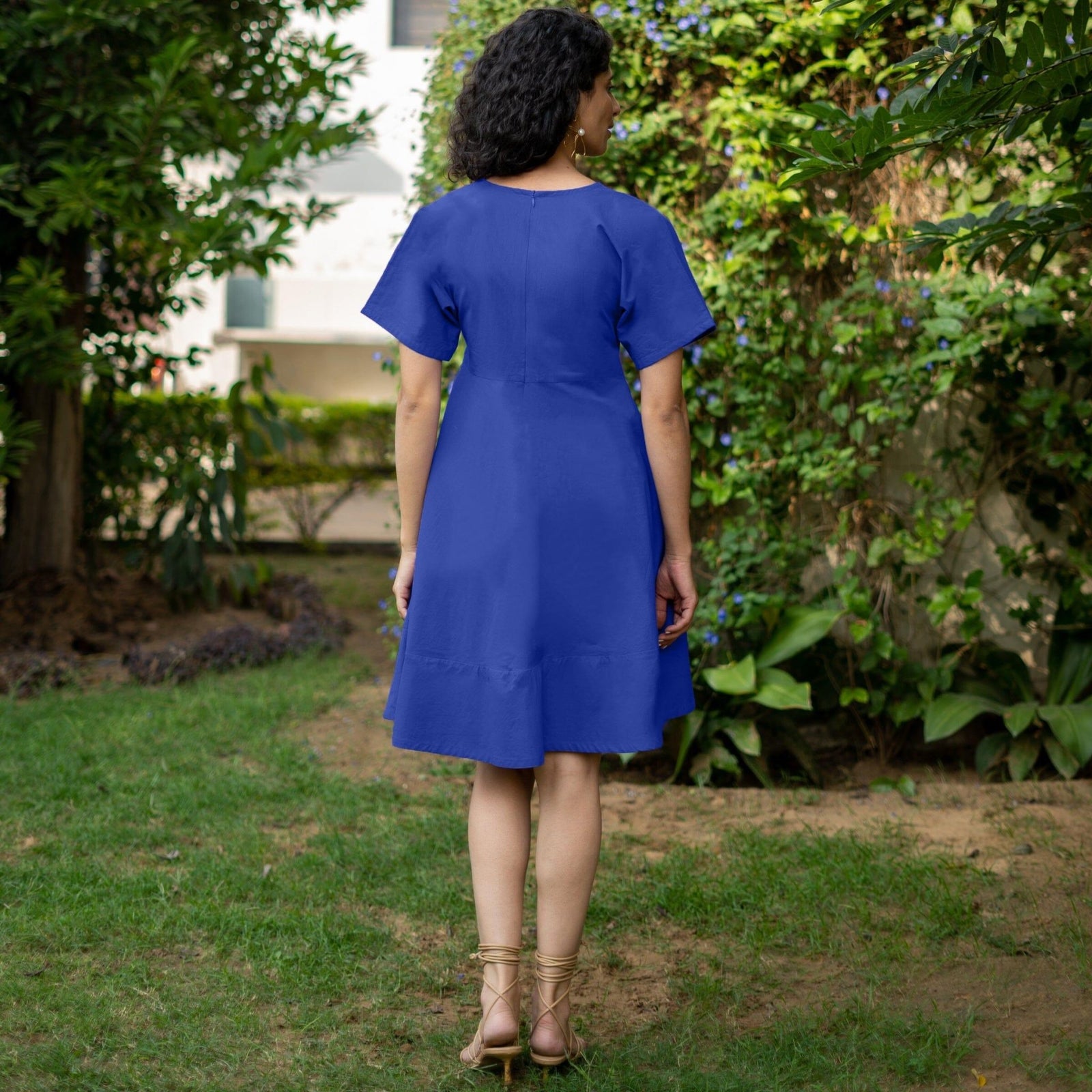 Royal Blue Cotton Poplin Drop Shoulder Sleeves Knee Length Wrap Dress 42