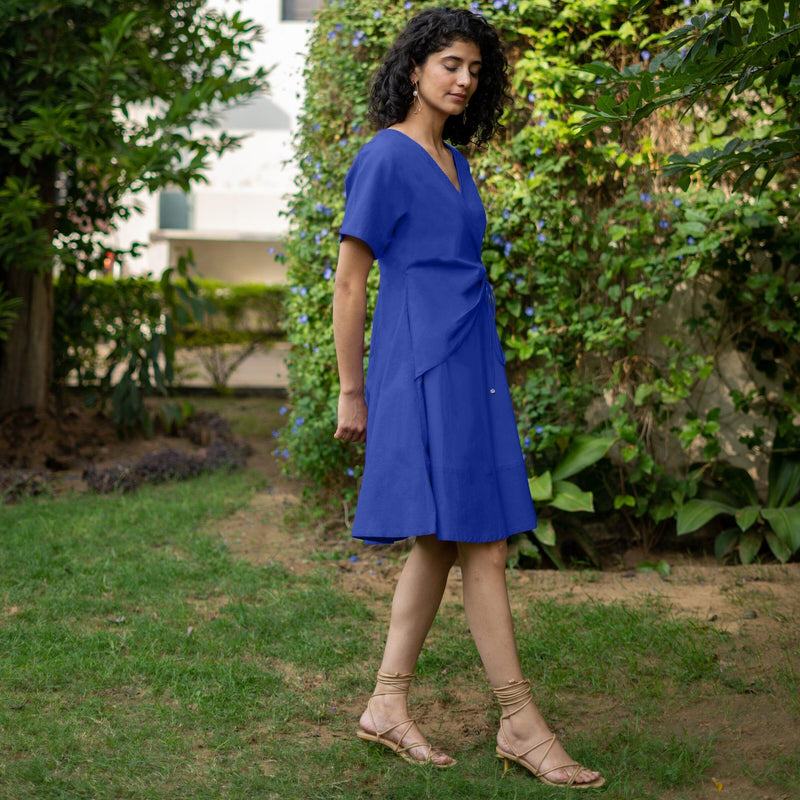 Royal Blue Cotton Poplin Drop Shoulder Sleeves Knee Length Wrap Dress