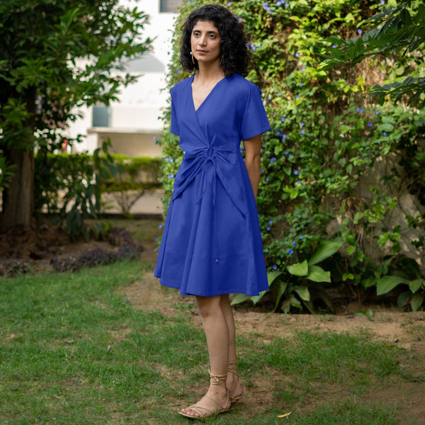 Royal Blue Cotton Poplin Drop Shoulder Sleeves Knee Length Wrap Dress