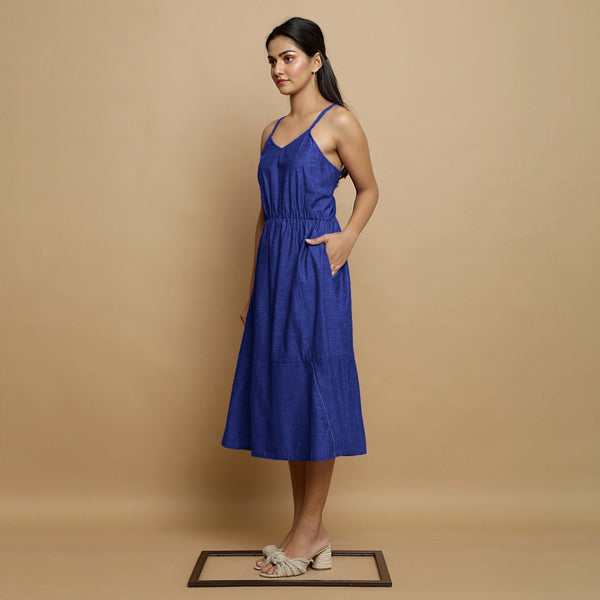Royal Blue Cotton Poplin Elasticated Midi Cami Dress