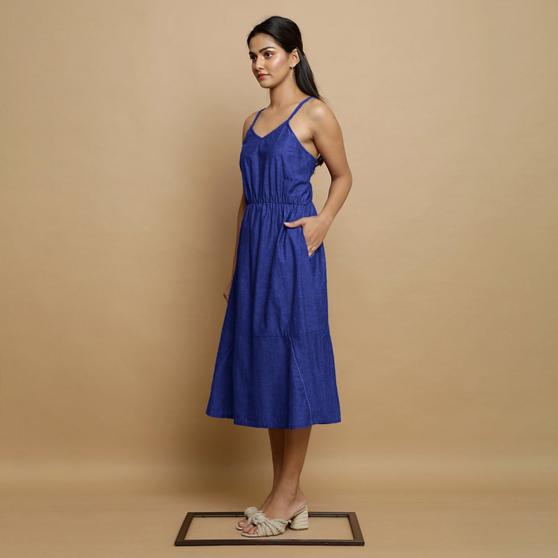 Royal Blue Cotton Poplin Elasticated Midi Cami Dress