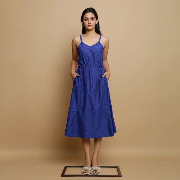 Royal Blue Cotton Poplin Elasticated Midi Cami Dress