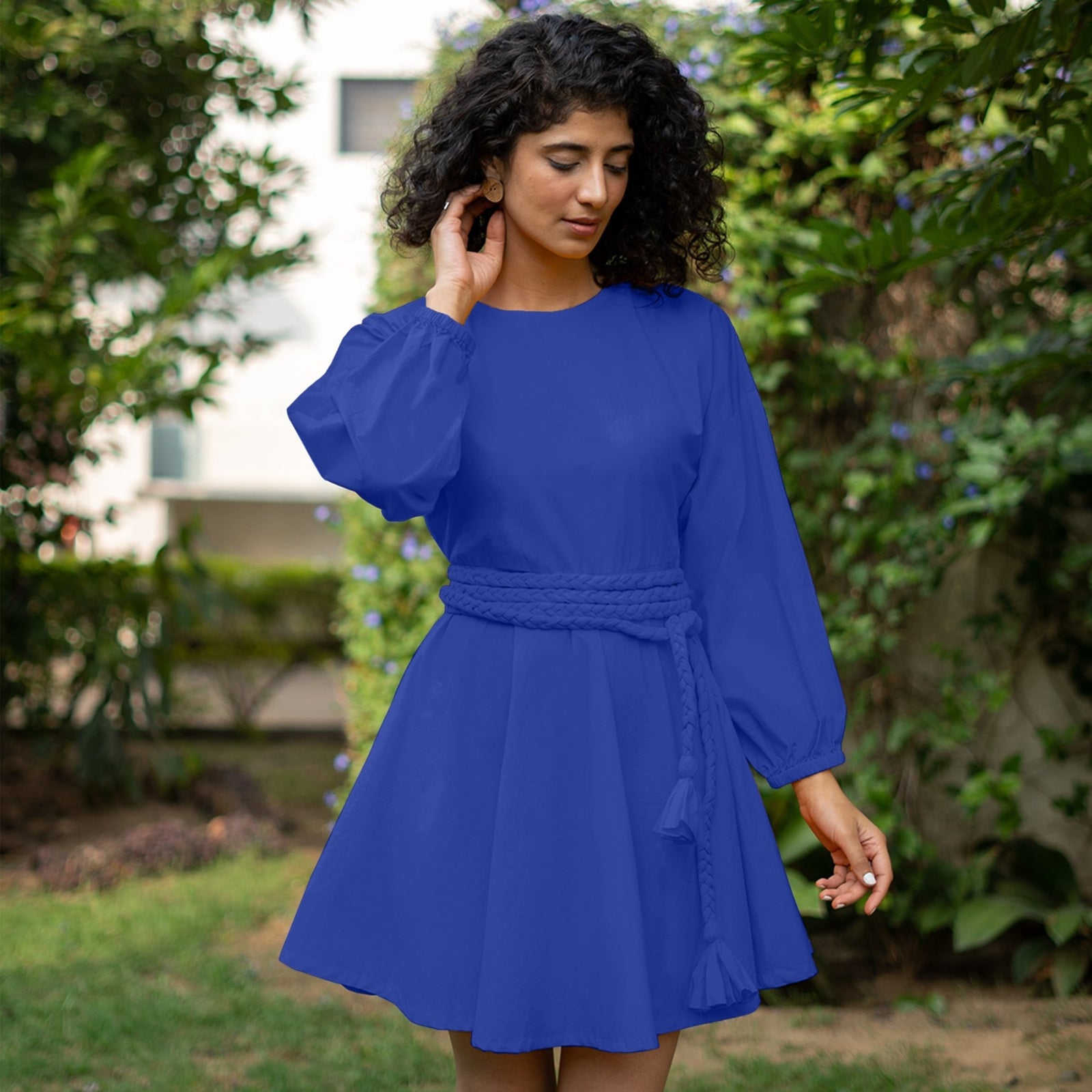 Buy Royal Blue Cotton Poplin Fit and Flare Balloon Sleeves Short Dress  Online at SeamsFriendly