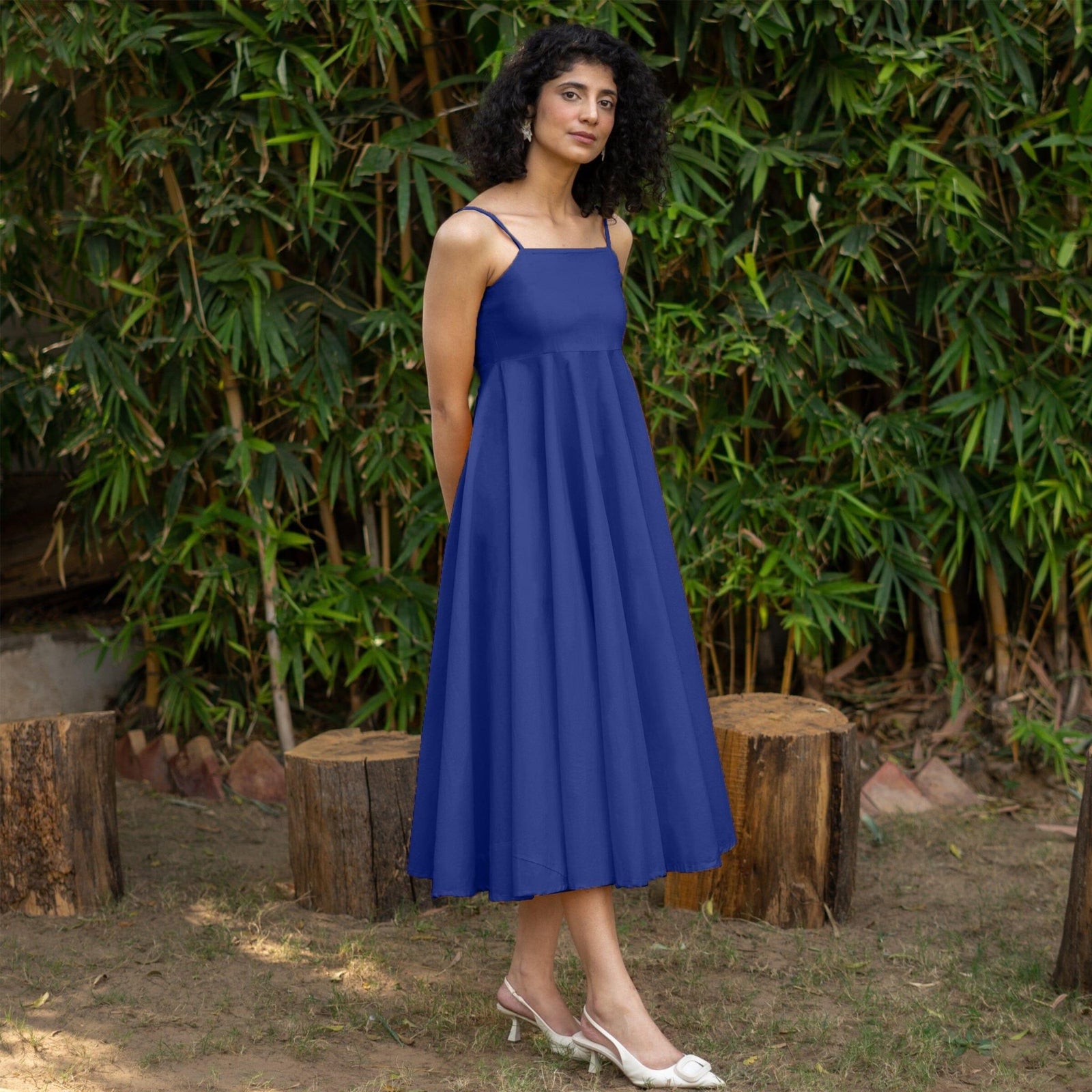 Royal Blue Cotton Poplin Fit and Flare Midi Empire Dress 64
