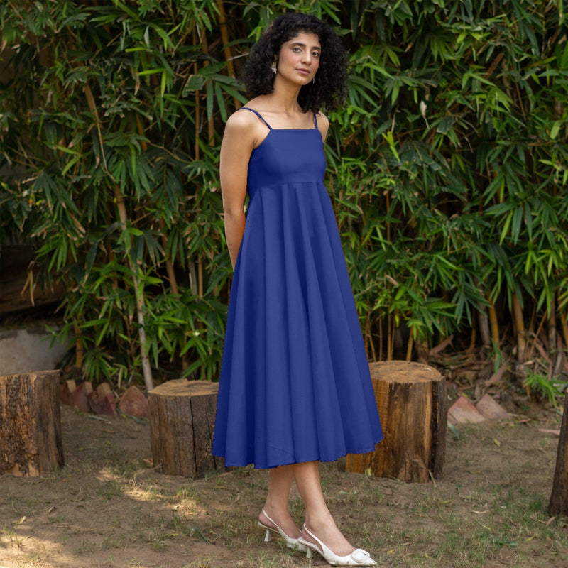 Royal Blue Cotton Poplin Fit and Flare Midi Empire Dress