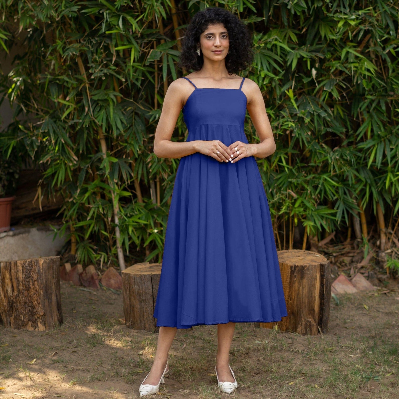 royal blue fit and flare dress Cotton Poplin Midi Empire 64
