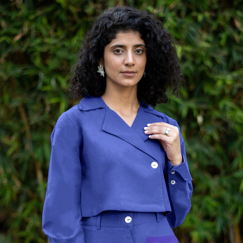 Royal Blue Cotton Poplin Full Sleeve Cropped Shirt