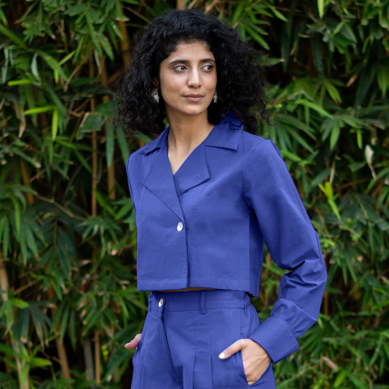 Royal Blue Cotton Poplin Full Sleeve Cropped Shirt