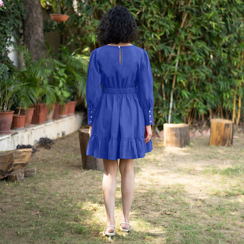 Royal Blue Cotton Poplin Gathered Short Tier Dress