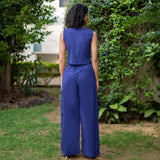 Royal Blue Cotton Poplin High-Rise Elasticated Wide Legged Cargo Pant