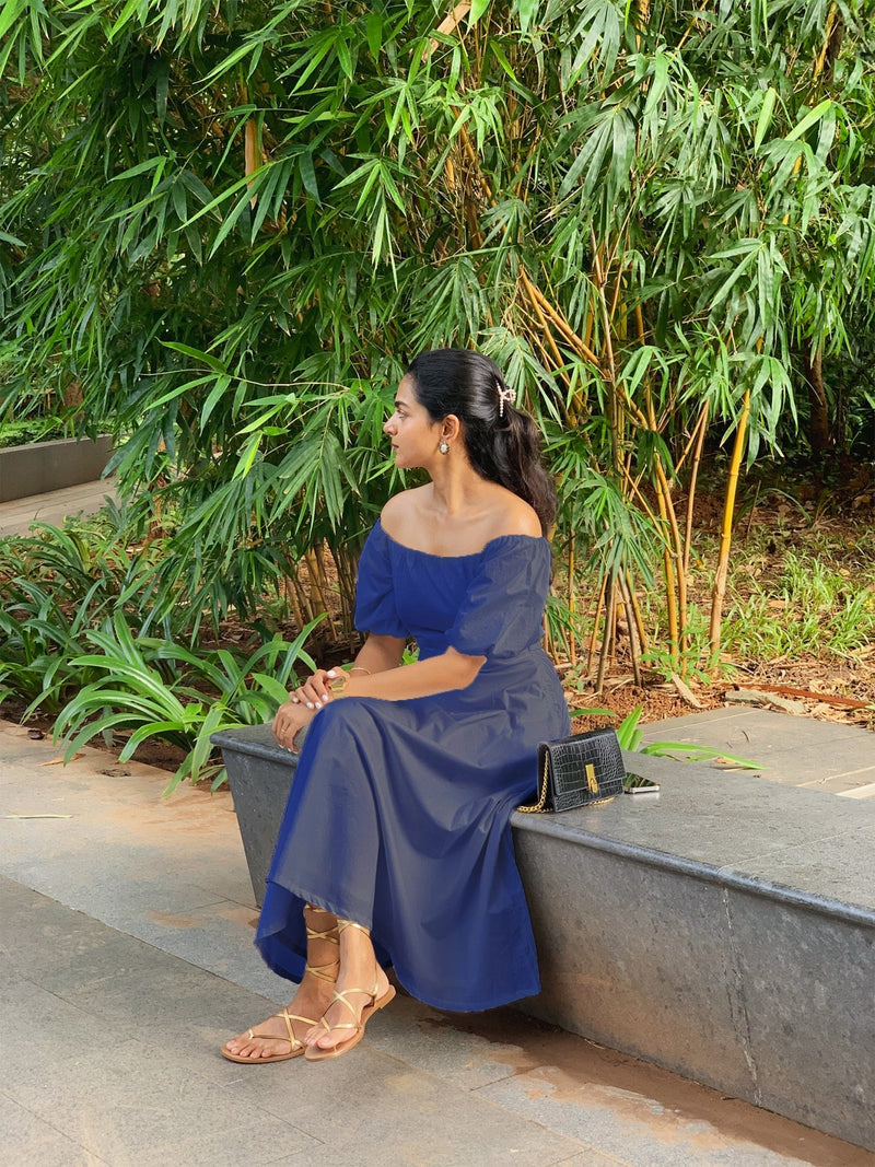 Royal Blue Cotton Poplin Midi Off-Shoulder Dress