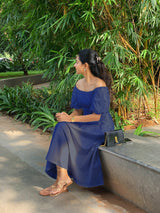 Royal Blue Cotton Poplin Midi Off-Shoulder Dress