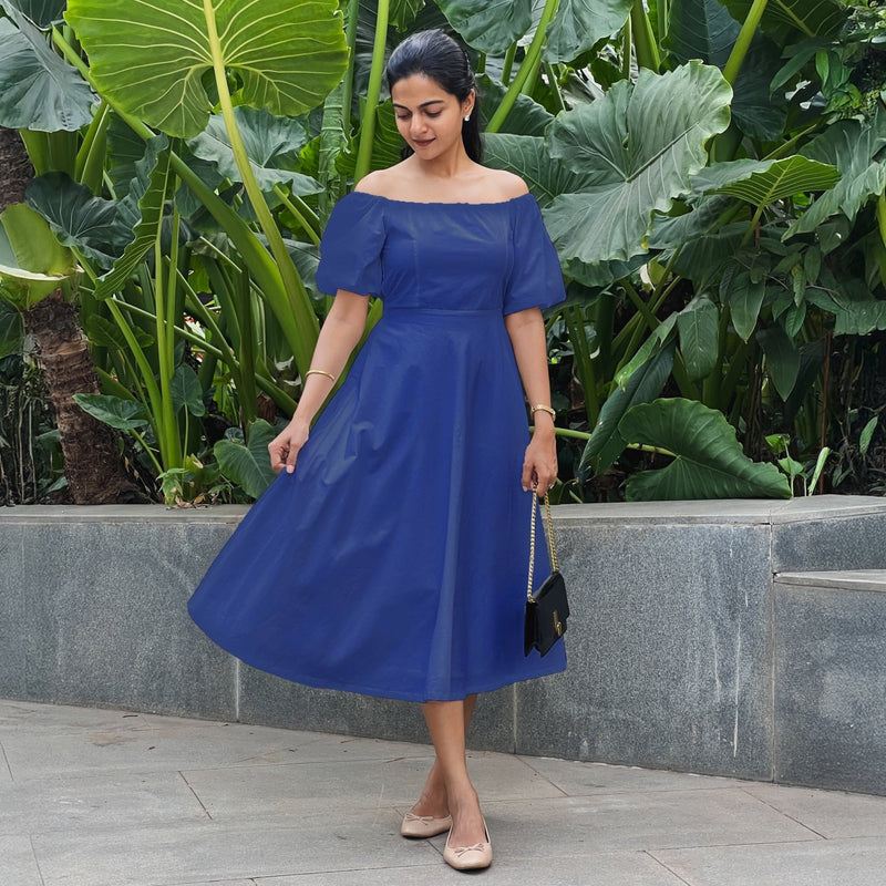 Royal Blue Cotton Poplin Midi Off-Shoulder Dress