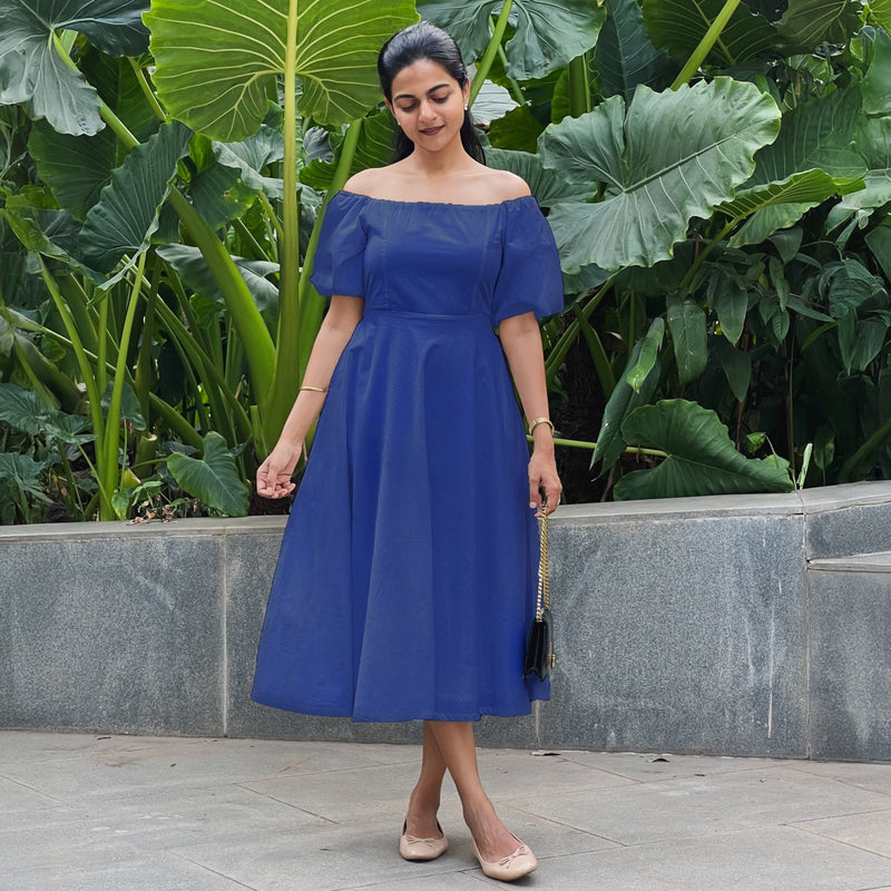 Royal Blue Cotton Poplin Midi Off-Shoulder Dress 56" / Custom Height (Free) Royal Blue Cotton Poplin Midi Off-Shoulder Dress 56" / Custom Height (Free)