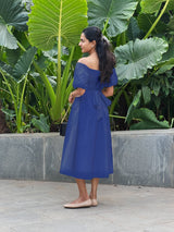 Royal Blue Cotton Poplin Midi Off-Shoulder Dress