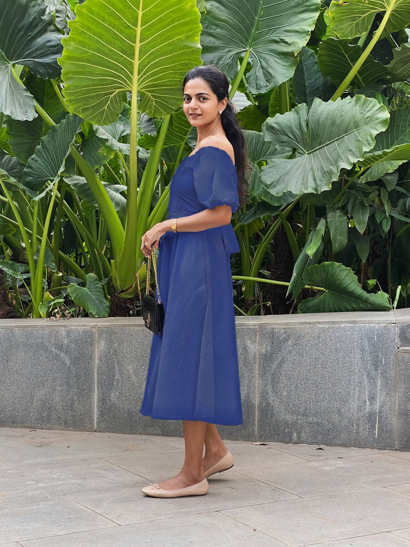 Royal Blue Cotton Poplin Midi Off-Shoulder Dress