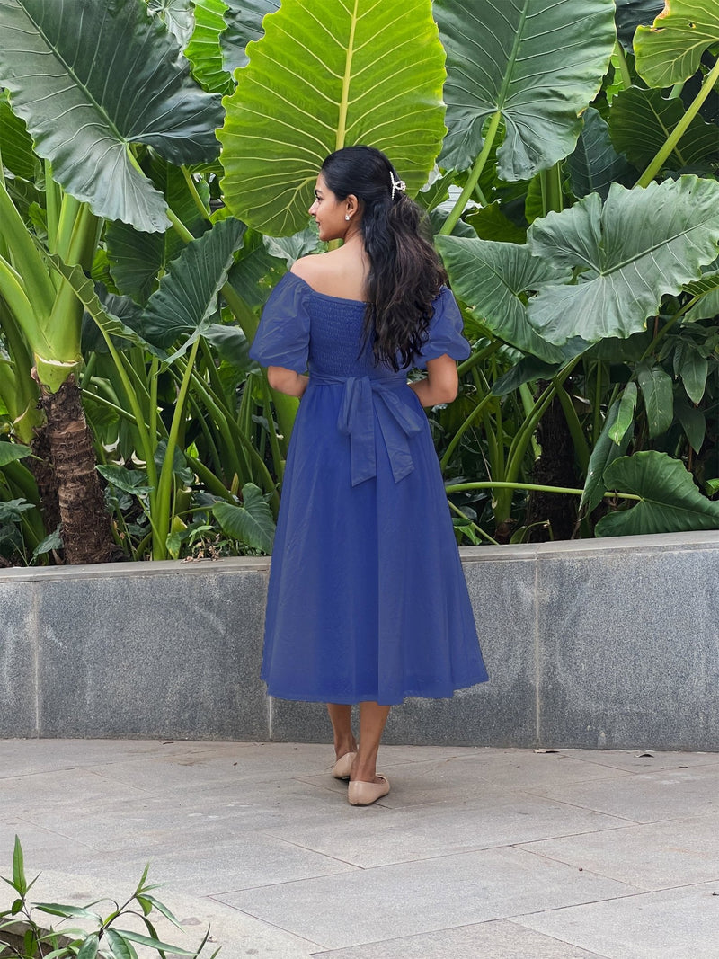 Royal Blue Cotton Poplin Midi Off-Shoulder Dress