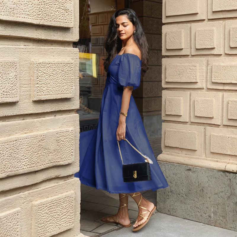 Royal Blue Cotton Poplin Midi Off-Shoulder Dress Royal Blue Cotton Poplin Midi Off-Shoulder Dress