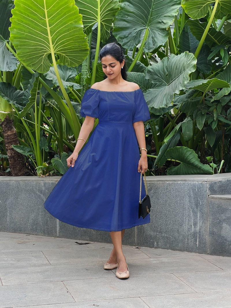 Royal Blue Cotton Poplin Midi Off-Shoulder Dress