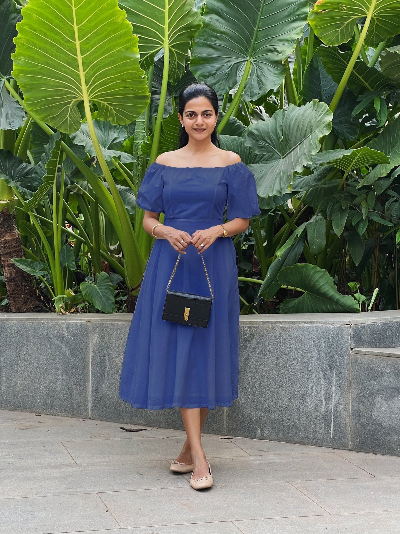 Royal Blue Cotton Poplin Midi Off-Shoulder Dress 56