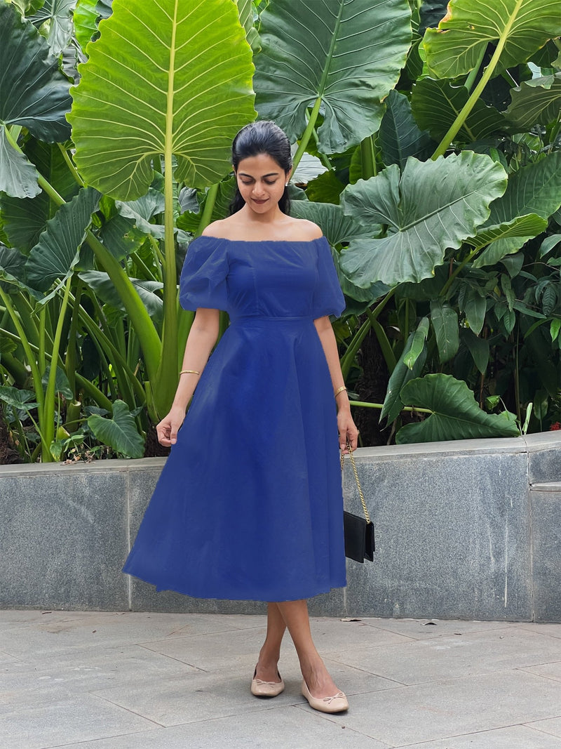 Royal Blue Cotton Poplin Midi Off-Shoulder Dress