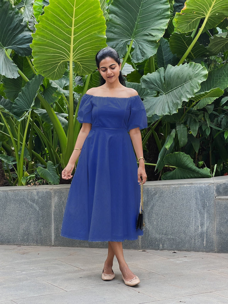 Royal Blue Cotton Poplin Midi Off-Shoulder Dress