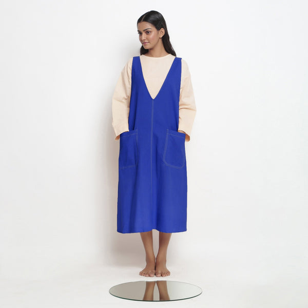 Royal Blue Cotton Poplin Paneled Midi Shift Dress
