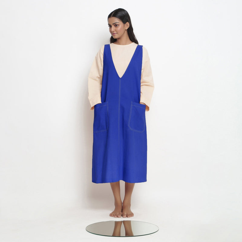 Royal Blue Cotton Poplin Paneled Midi Shift Dress