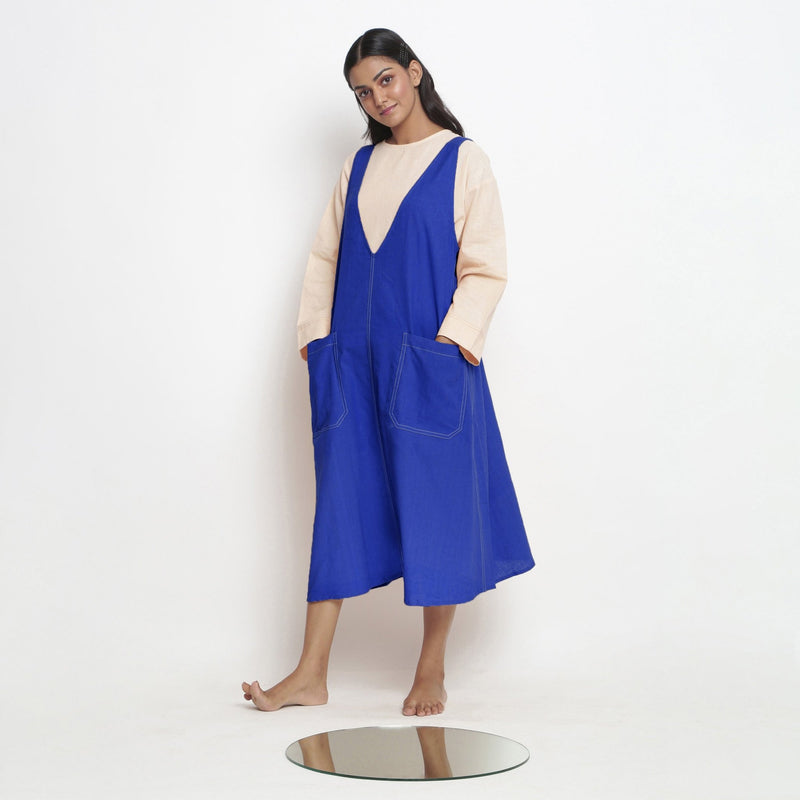 Royal Blue Cotton Poplin Paneled Midi Shift Dress