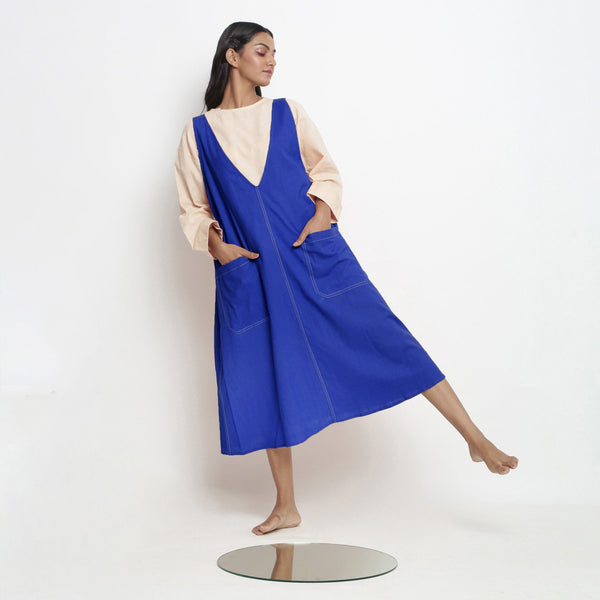 Royal Blue Cotton Poplin Paneled Midi Shift Dress