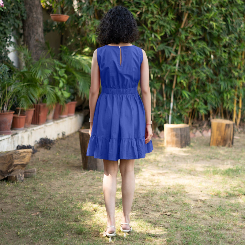 Royal Blue Cotton Poplin Sleeveless Gathered Short Dress
