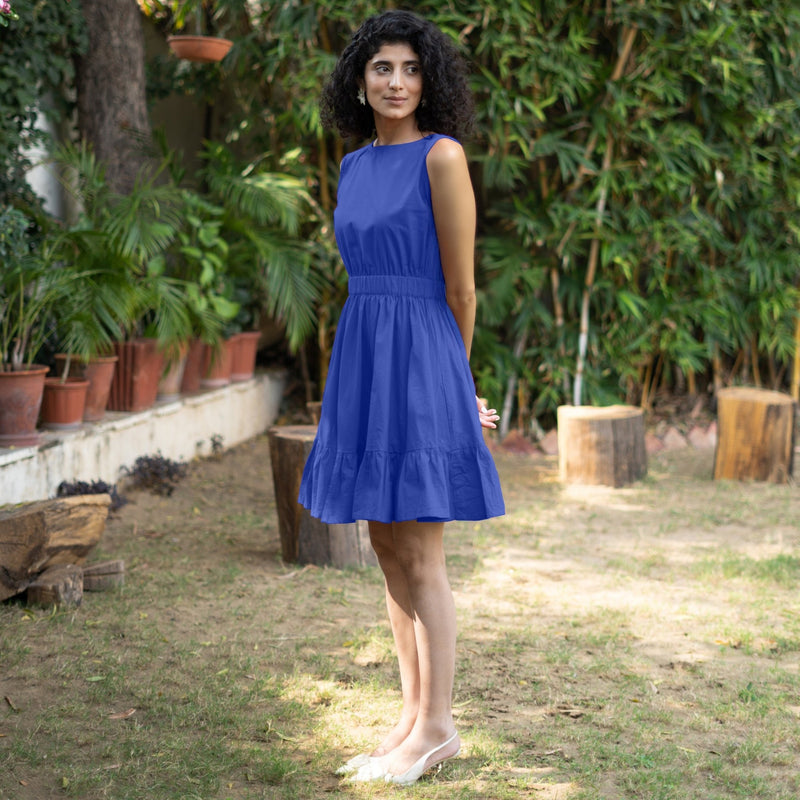 Royal Blue Cotton Poplin Sleeveless Gathered Short Dress