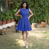 Royal Blue Cotton Poplin Sleeveless Gathered Short Dress