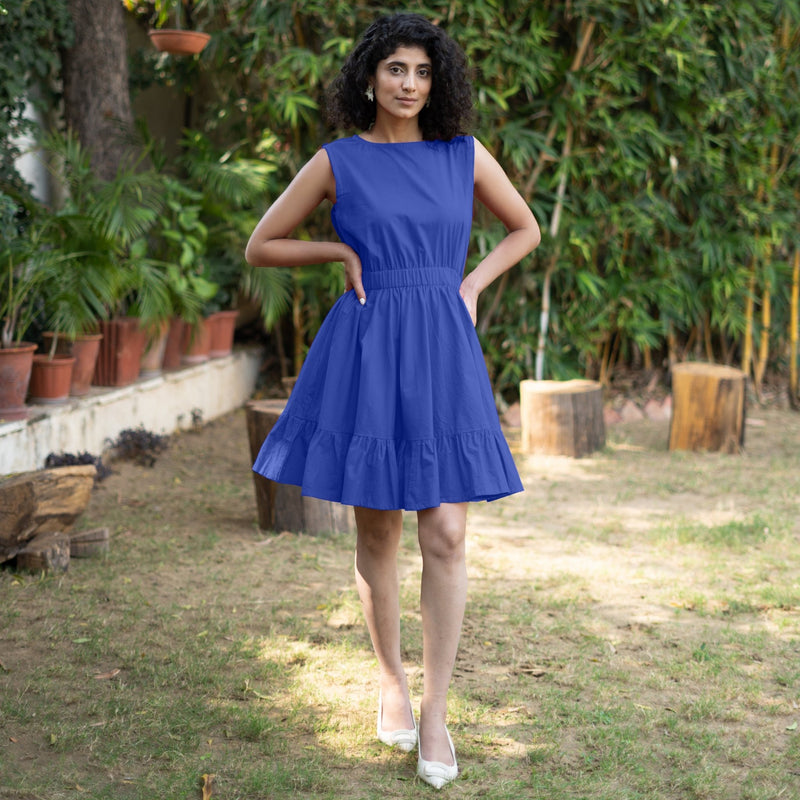 Royal Blue Cotton Poplin Sleeveless Gathered Short Dress