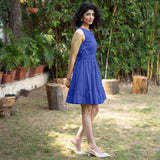 Royal Blue Cotton Poplin Sleeveless Gathered Short Dress