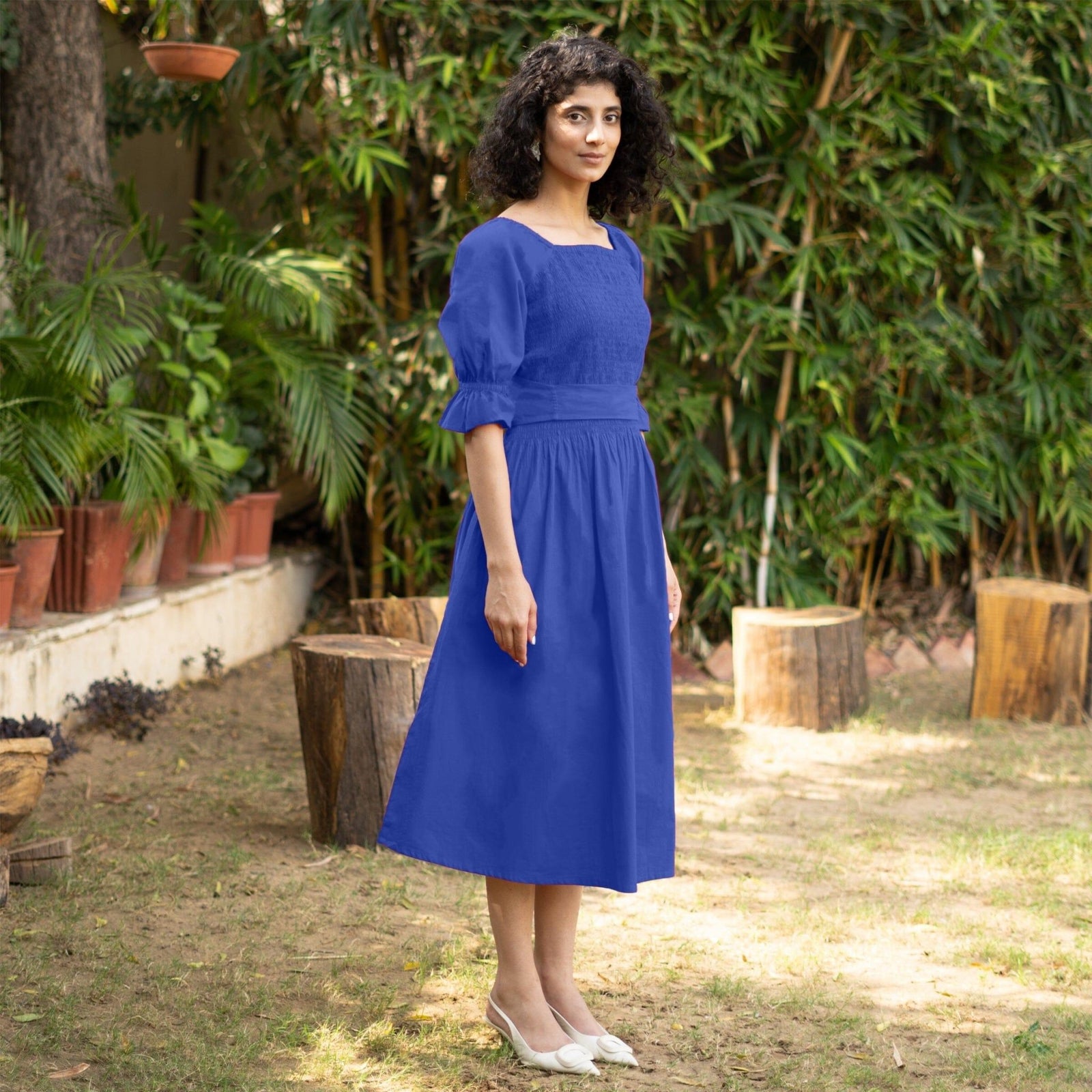Royal Blue Cotton Poplin V-Neck Gathered Midi Wrap Dress 64