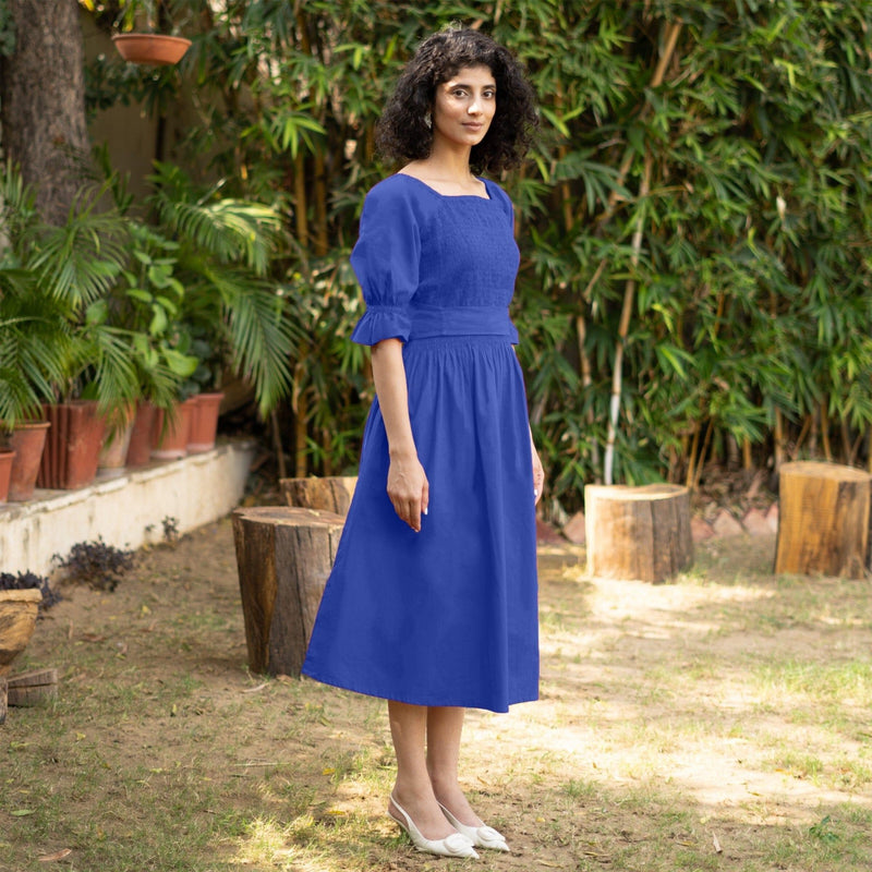 Royal Blue Cotton Poplin V-Neck Gathered Midi Wrap Dress